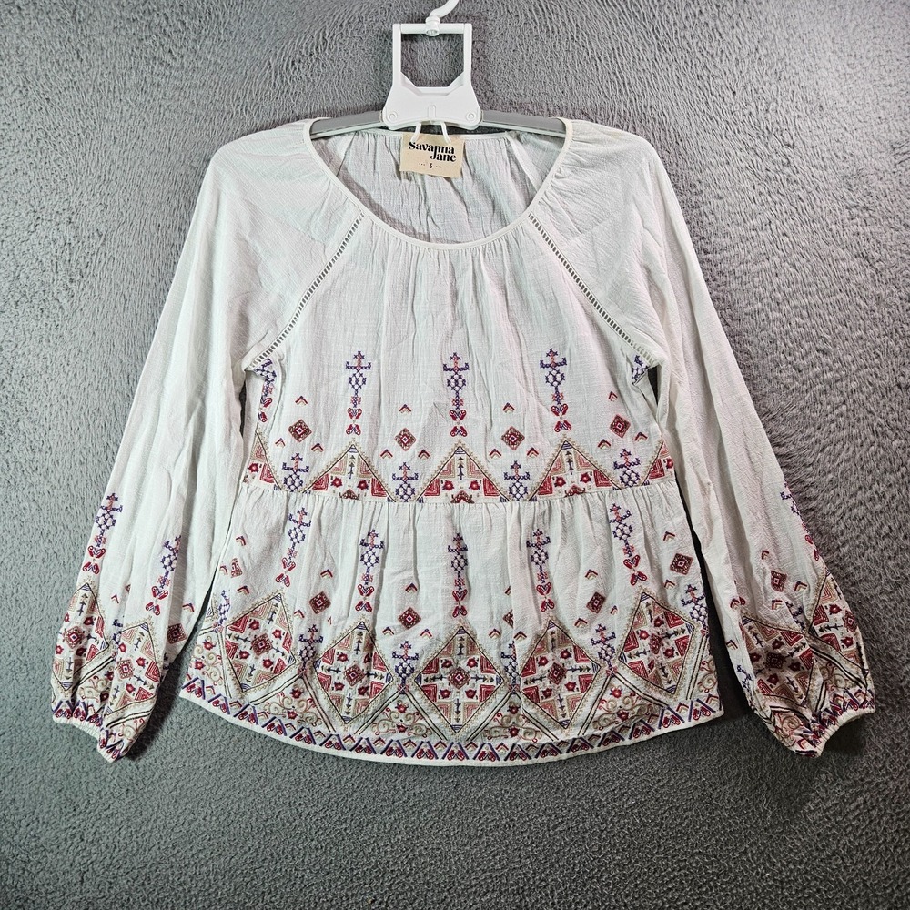 NEW Savanna Jane Embroidered Top Blouse Women Small Geometric Long Sleeve White